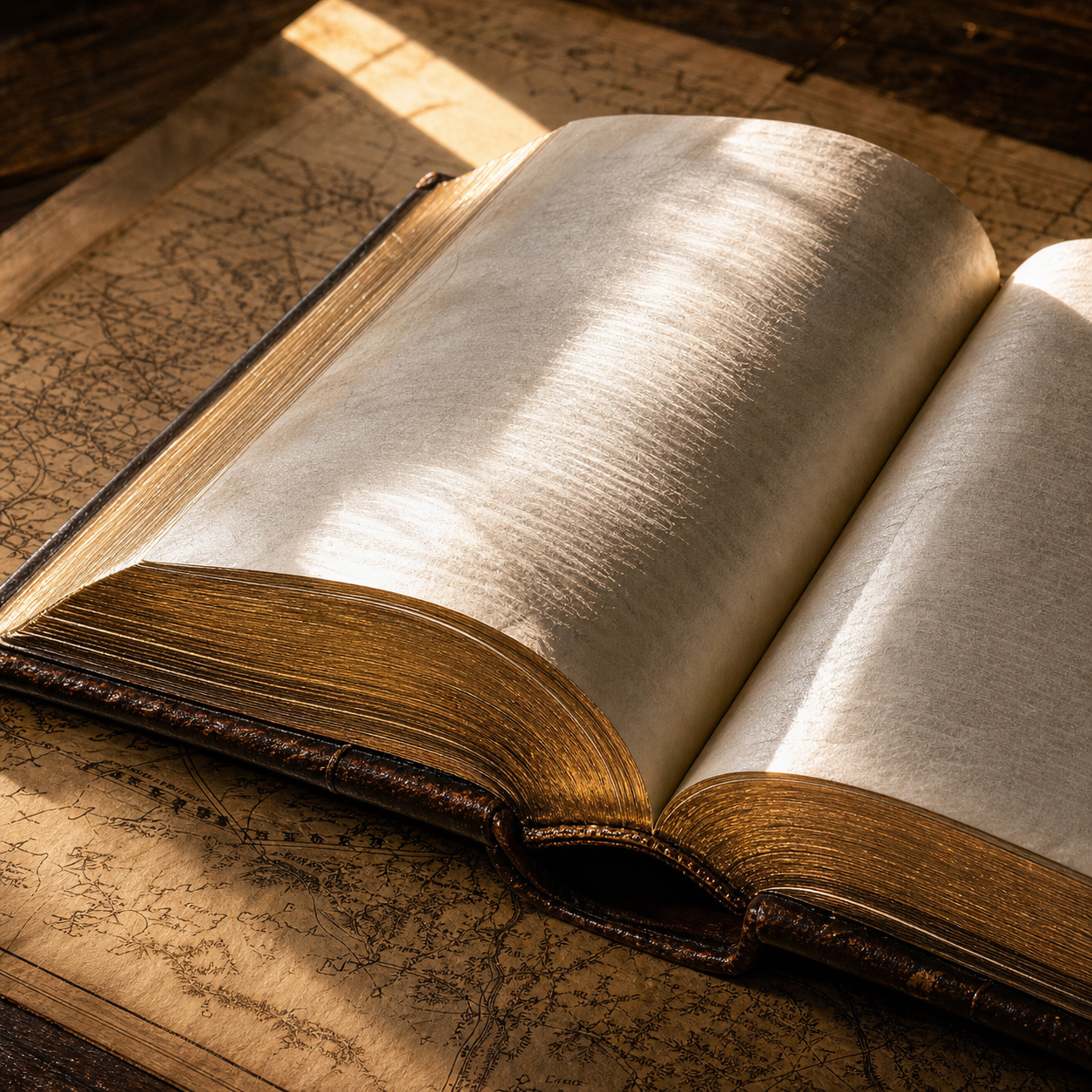 Biblia antigua abierta sobre un mapa, iluminada con luz cálida